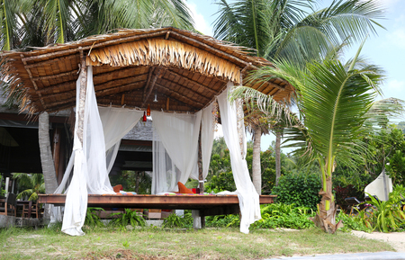 furniture for rest.a gazebo on the beachの写真素材