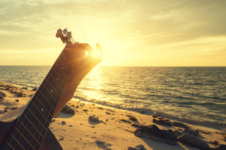 An acoustic guitar on the sandy beach under palm treeの写真素材