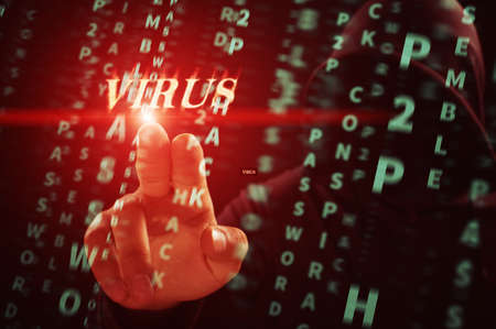 hacker at work with graphic user interface around