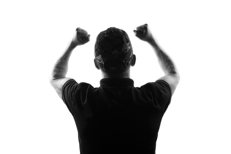 Male person show  gesture with hands up over whiteの写真素材