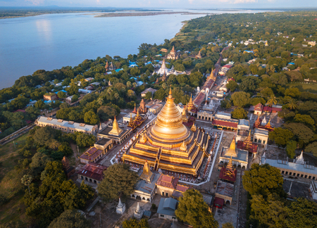 Aerial view at the ancient Shwezigon Pagoda,the main tourist destination of Bagan, Myanmar (Burma)の写真素材