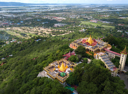 Aerial view from the drone on the Mandalay Hill Temple.Hill that is located to the northeast of the city centre of Mandalay in Burmaの写真素材