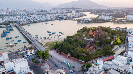 Aerial view above Nha Trang city and ancient towers of Po Nagar - the most popular tourist destination in Central Vietnamの写真素材