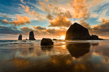 Haystack Rock at sunset Cannon Beach Oregonの写真素材