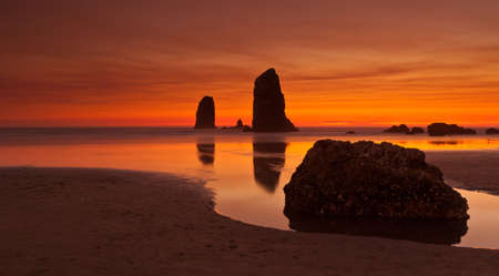 Haystack Rock at sunset Cannon Beach Oregonの写真素材