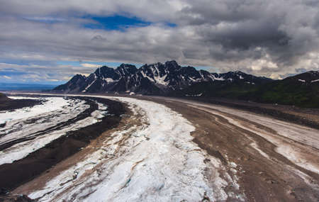 Aerial view of the most spectacular glaciers of Mount McKinley, Denali National Park, Alaska. Glacier leaves these natural track marks as it slowly slides down to the ocean.の写真素材