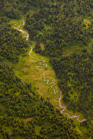 Arial picture of Alaskan tundra and dwarf forest around Denali National park, Alaska, USA. Vertical image with diagonal compositionの写真素材