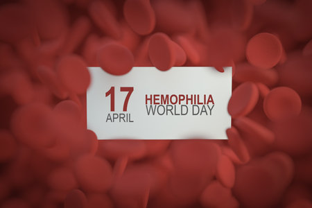 17 april world day of hemophilia. Render blood cells with banner awareness. Microscope close up view 3Dの写真素材