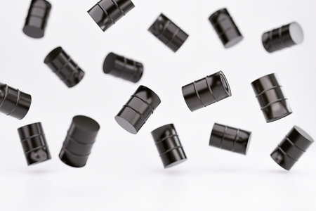 Falling Petrol Oil barrels with shallow depth of field, natural resources stock market concept. Falling prices, rising oil prices during military conflicts 3d renderingの写真素材