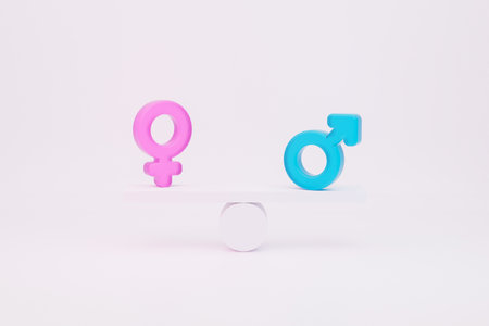 Gender Equality Concept and women equality day. Male And Female venus and mars symbols balancing 3d renderingの写真素材