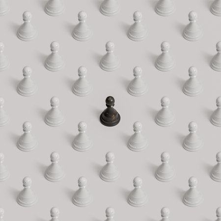 Diversity and discrimination. The black marble pawn is alone among the white pawns. Seamless isometric pattern isolated on white. 3d renderingの写真素材