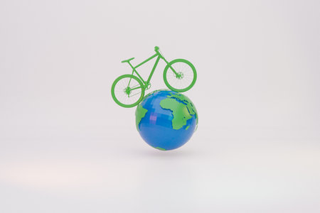 Rejection of oil and coal and International Bicycle Day concept June 3. Bike over planet Earth globe. Rendering 3dの写真素材