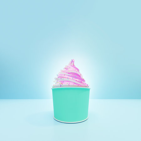 Pink berry ice cream in a paper cup mockup with copy space. Front view summer is coming banner 3d renderingの写真素材