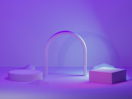 3d render Abstract geometric shapes with arch on pedestal podium for products presentation. Purple 3d renderの写真素材