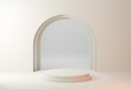 Cosmetic arch with pedestal podium for product presentation. geometric arch scene backdropの写真素材