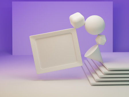 Empty 3d frame mockup with balancing geometric shapes on a purple background. Copy space backgroundの写真素材