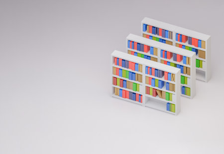 International Archives Day greeting card with copy space. Bookshelves archive with books shallow DOF. 3D renderingの写真素材