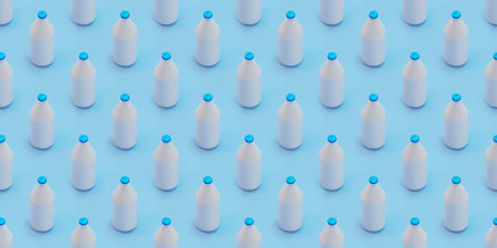 Sameless Milk pattern. Zero waste isometric glass bottles of milk. World Milk Day 3d rendering