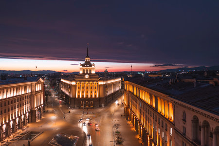 Aerial Sofia Bulgaria shot at night Largo Independence Square and Parliament building. Capital city in Europe, travel to Bulgariaの写真素材