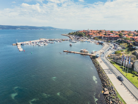 Marina with yachts at the entrance to the ancient city of Nessebar. Travel to Bulgaria. Aerial viewの写真素材