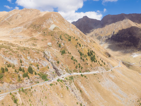 Mountain road Tranfegarash in Romainia. Aerial view from a drone, travel to Romaniaの写真素材