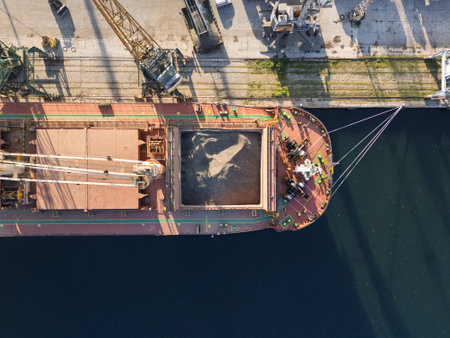 Close up top down view Loading ship with sunflower seed grain by cranes in port. Grain transportation by water. Export, import of dry cargoes around worldの写真素材