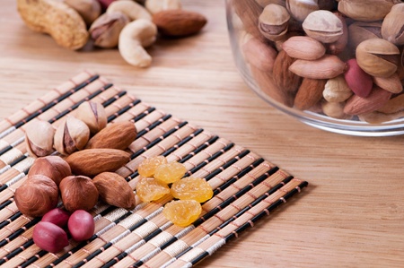 Assorted nuts on wooden kitchen table