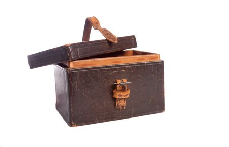 open antique leather brown box, isolatedの写真素材