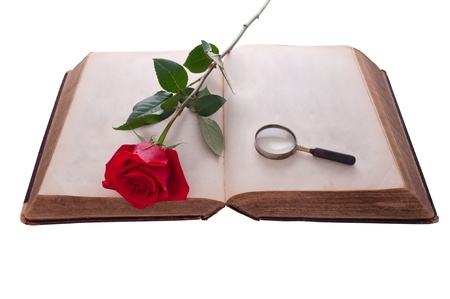 Open book with red rose and magnifying glass. Isolated on white.の写真素材