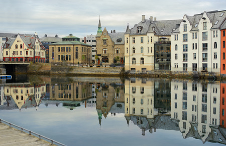 view on streets and houses at city of Alesund , Norway, horizontalの写真素材