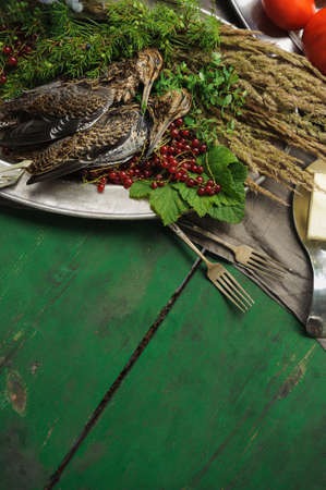 Wild hunting fowls in cooking. Two snipe or woodcock lie on metal dish. Hunting composition, outdoors. Wildfowl hunting.の写真素材