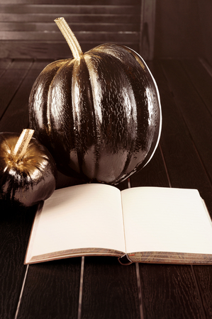 Black pumpkin and opened book. Home decoration for Halloween in the modern style. Vertical.の写真素材