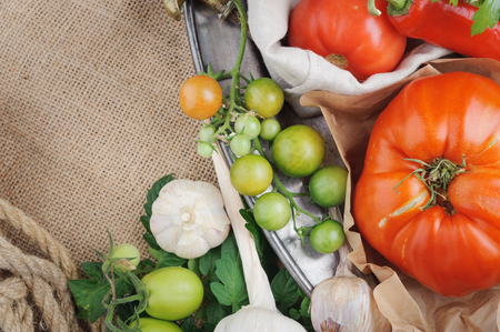 Large red tomato, chili pepper, garlic and greens. Top view.の写真素材