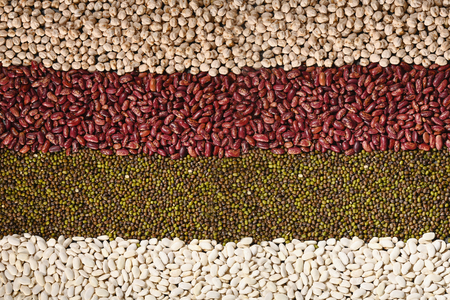 Pattern with white beans, red beans, mung and chickpea. Horizontal. Top view.の写真素材