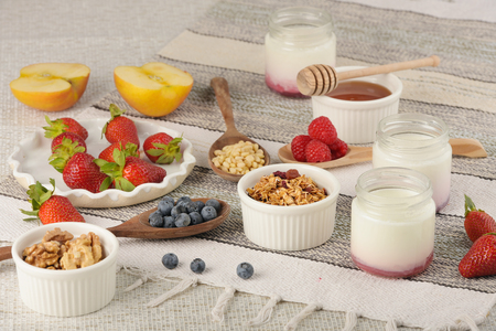 Series about granola, berry and greek yogurt suitable for a healthy breakfast, snack or dessert.の写真素材