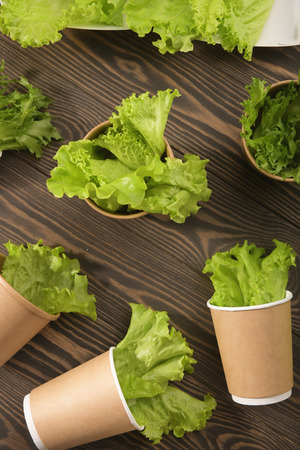 Biodegradable tableware and greens on wooden background. Environmental protection. Secondary processing. The concept of zero waste.の写真素材