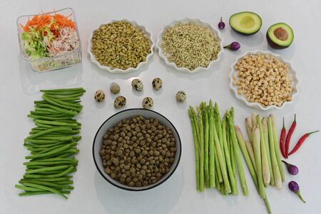 Natural raw ingredients for vegan pet food on light background. Flat lay.