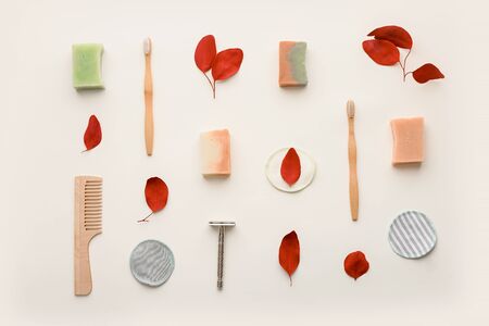 Zero waste beauty body care items. Bathroom essentials in sustainable lifestyle. Zero waste concept.の写真素材