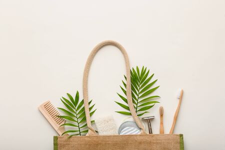 Zero waste beauty body care items. Bathroom essentials in sustainable lifestyle. Zero waste concept.の写真素材