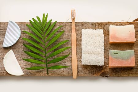 Zero waste beauty body care items. Bathroom essentials in sustainable lifestyle. Zero waste concept.