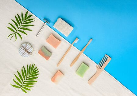 Zero waste beauty body care items. Bathroom essentials in sustainable lifestyle. Zero waste concept.の写真素材