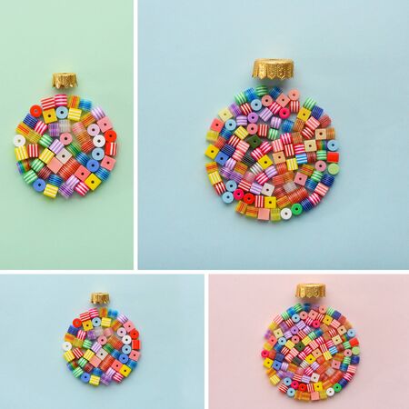Christmas Bauble made of decoration elements. Collage of four images. Flat lay. Contemporary design....