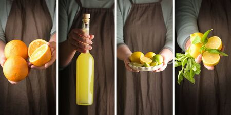 Woman holding a dish of lemon and lime and a bottle of homemade drink. Rustic style. Collage of four images.の写真素材