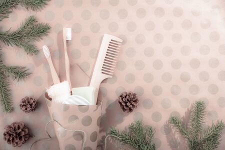 Zero waste beauty body care items. Bathroom essentials in sustainable lifestyle. Zero waste concept.の写真素材