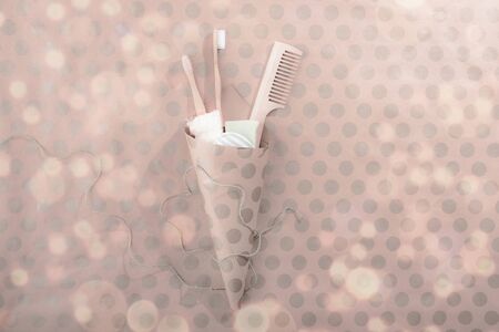 Zero waste beauty body care items. Bathroom essentials in sustainable lifestyle. Zero waste concept. With bokeh lights.の写真素材