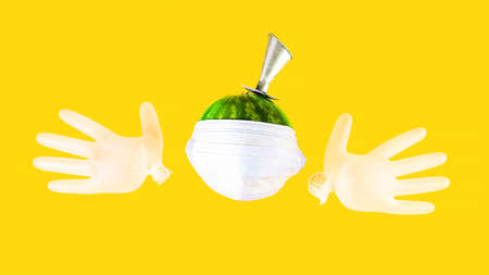 A small watermelon in a medical mask and gloves on a bright background. The concept of a pandemic.の写真素材