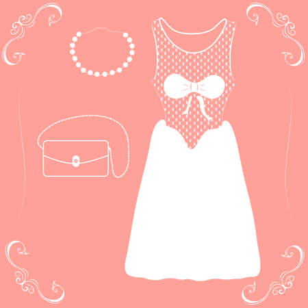 illustration of a wedding dress with shoes and handbag on a pink backgrounのイラスト素材