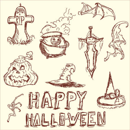 Vector illustration. The elements of Halloween. Potion cauldron, pumpkin, hat, witch, headstone, funeral.のイラスト素材