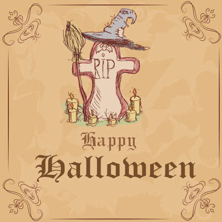 Vector illustration. Gravestone with a witch hat and broom and candles. happy Halloweenのイラスト素材