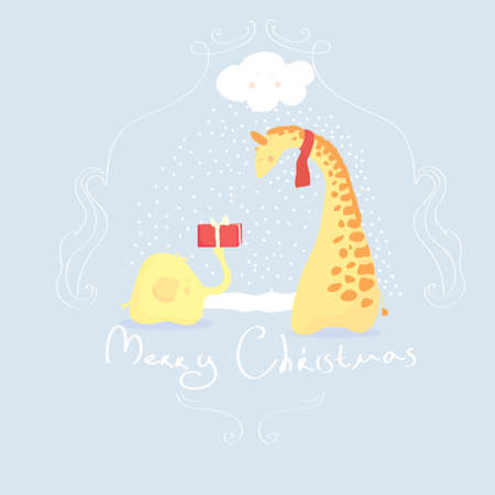 giraffe elephant giving a gift. snow. new year, christmas, card.のイラスト素材